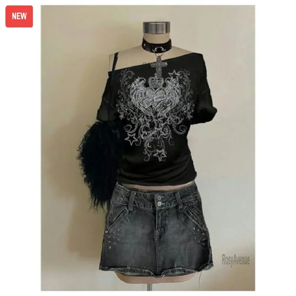 Oversized Off Shoulder Graphic Tee Short Sleeve Y2K Goth T-Shirt - Picture 6 of 6